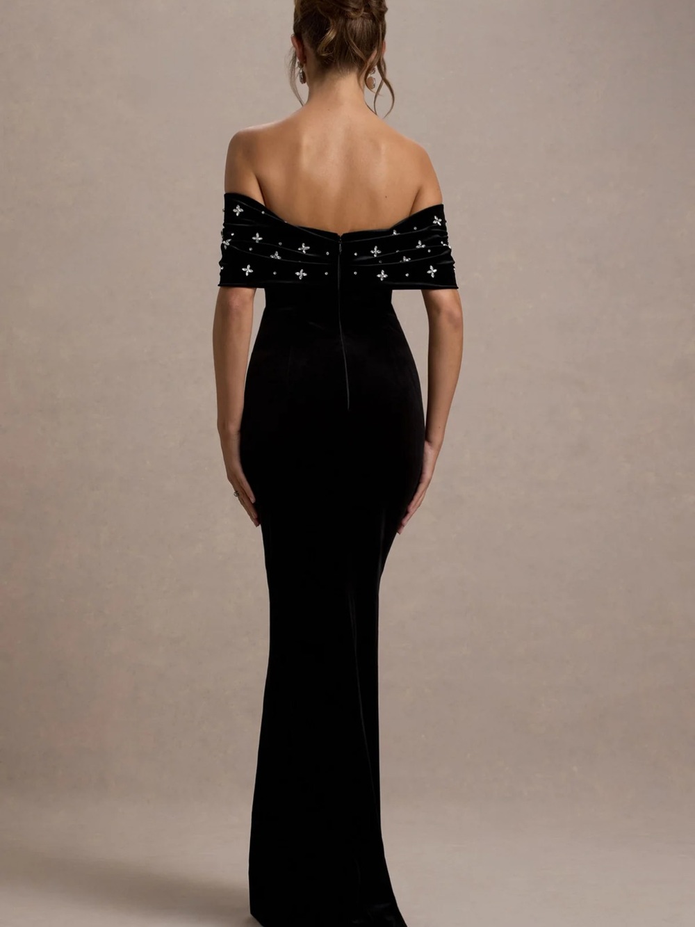 Off-Shoulder Black Velvet Evening Gown - Picture 2 of 4